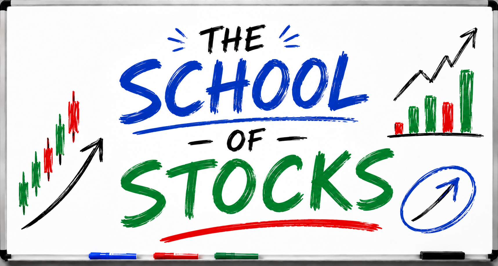 The School of Stocks — hand-drawn whiteboard logo with stock chart doodles